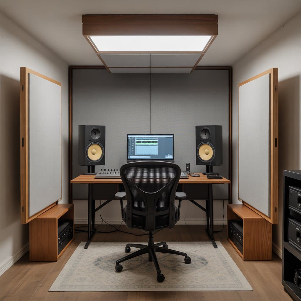 A compact home studio with acoustic treatment for professional recording.