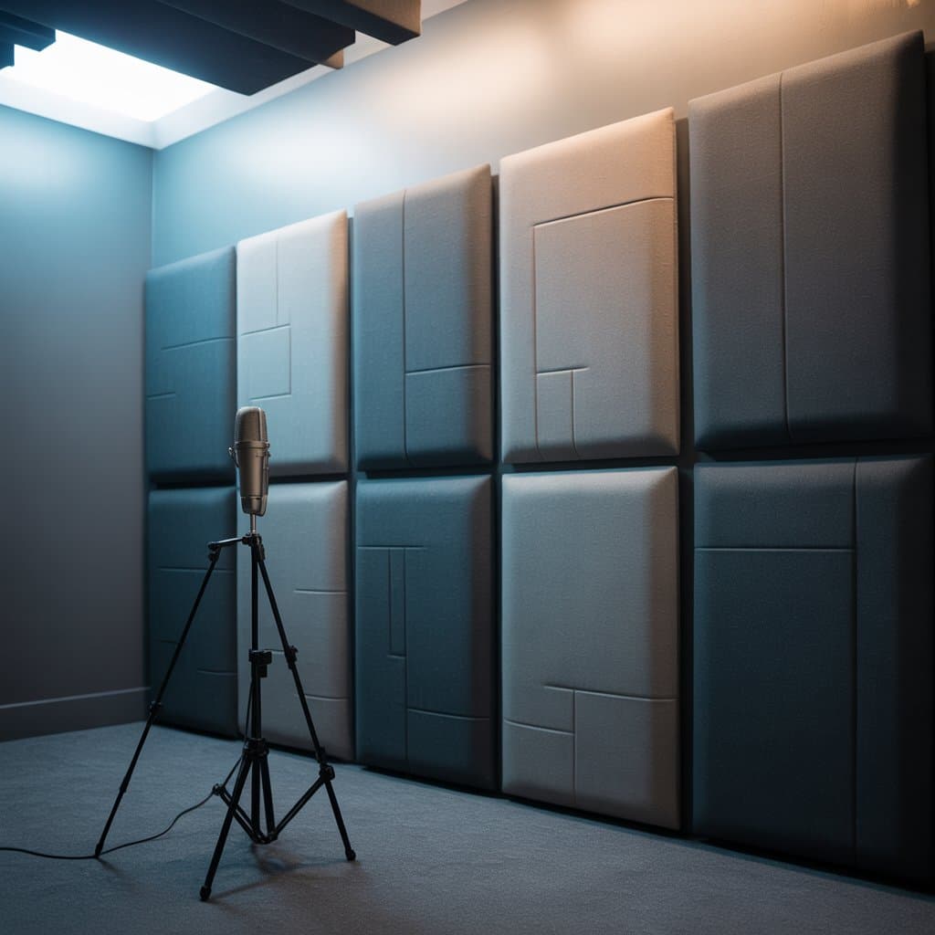 A recording studio wall covered with professional acoustic treatment panels.