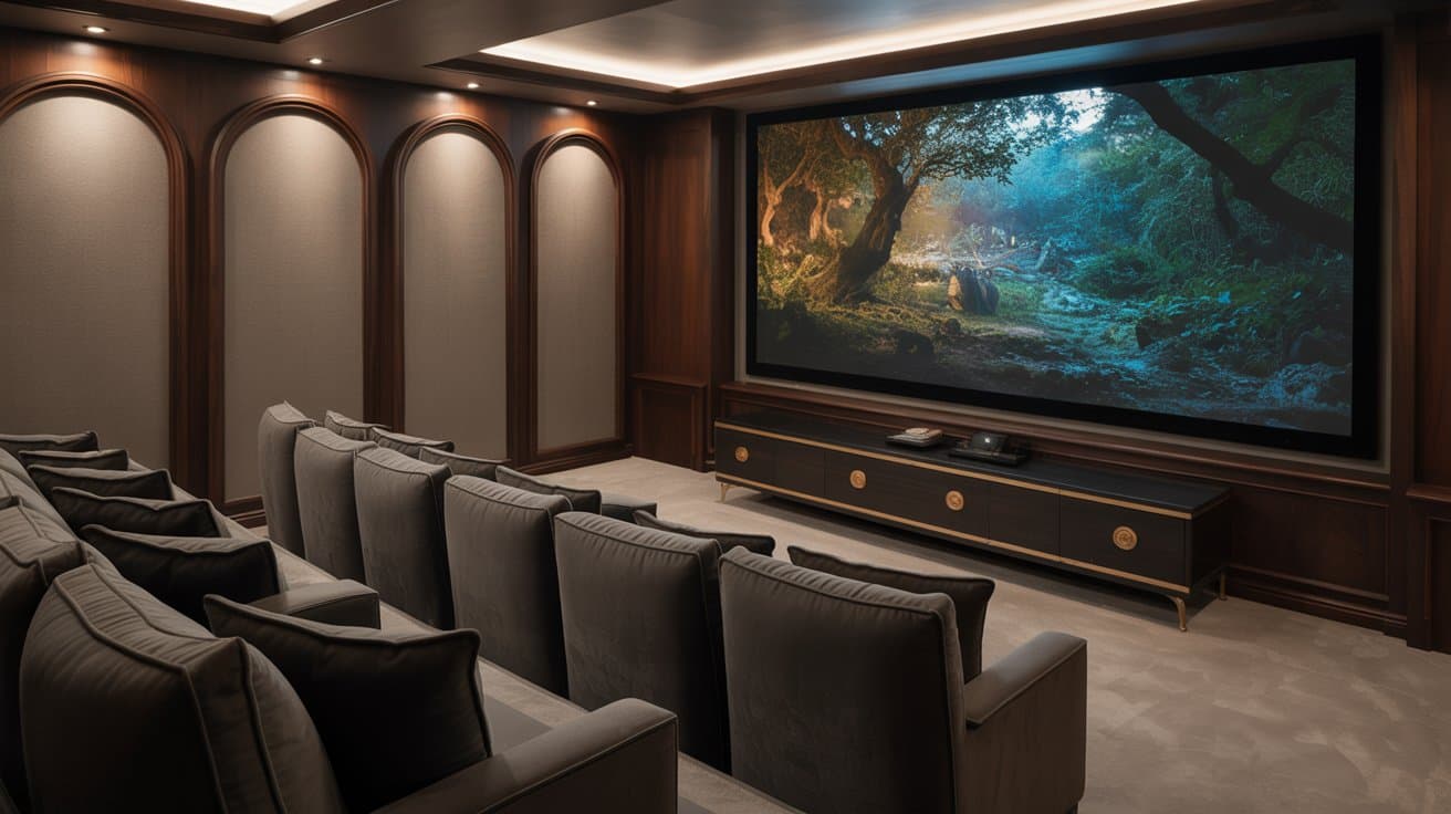 A professional home theater system with a large projector screen and ambient lighting in Ajmer.